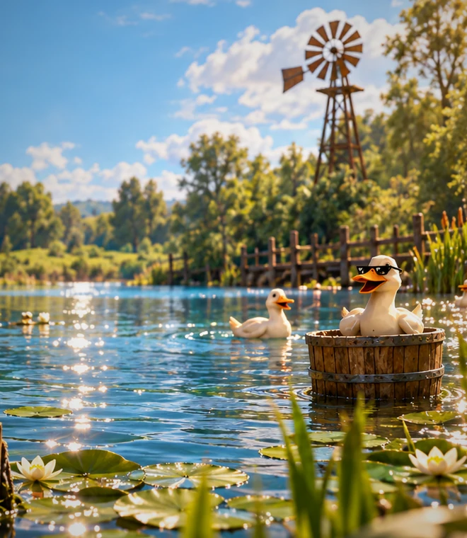 Ducks enjoying the sunny pond